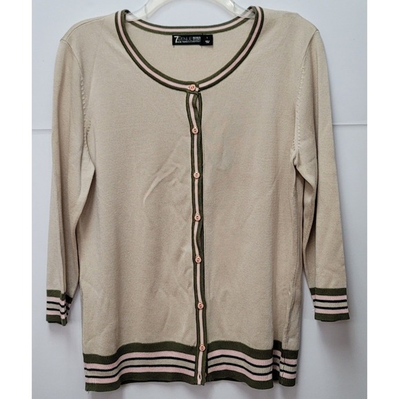 7th Avenue New York & Company Sweaters - 7th Ave NY Co Beige Striped Trim Cardigan Sweater Women L Preppy Academia Office